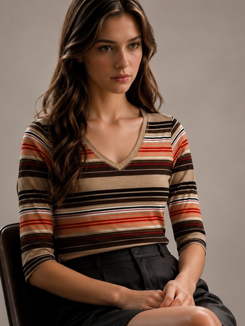 St. John’s Bay Women’s 3/4 Sleeve Striped V-Neck Top 100% Cotton Petite PM